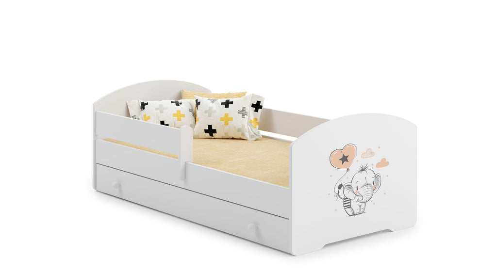 Kinderbed Luk 140x70 met kinderafbeeldingen en een lade, railing, matras en frame inbegrepen