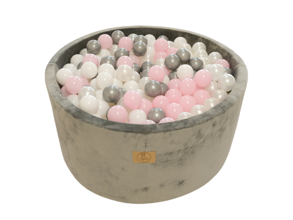 Ballpit velor gray 90x 40 with 250 balls ( Silver, White, Pearl, Light Pink)