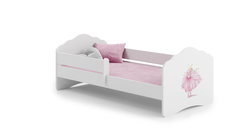 Kinderbed Fala 160x80 met grafische elementen voor kinderen en een balustrade, inclusief matras en onderstel