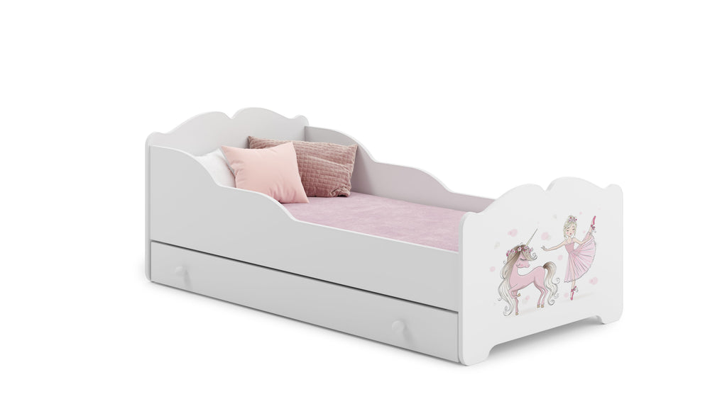 Kinderbed Anna 160x80 met kinderafbeeldingen en een lade, inclusief matras en onderstel