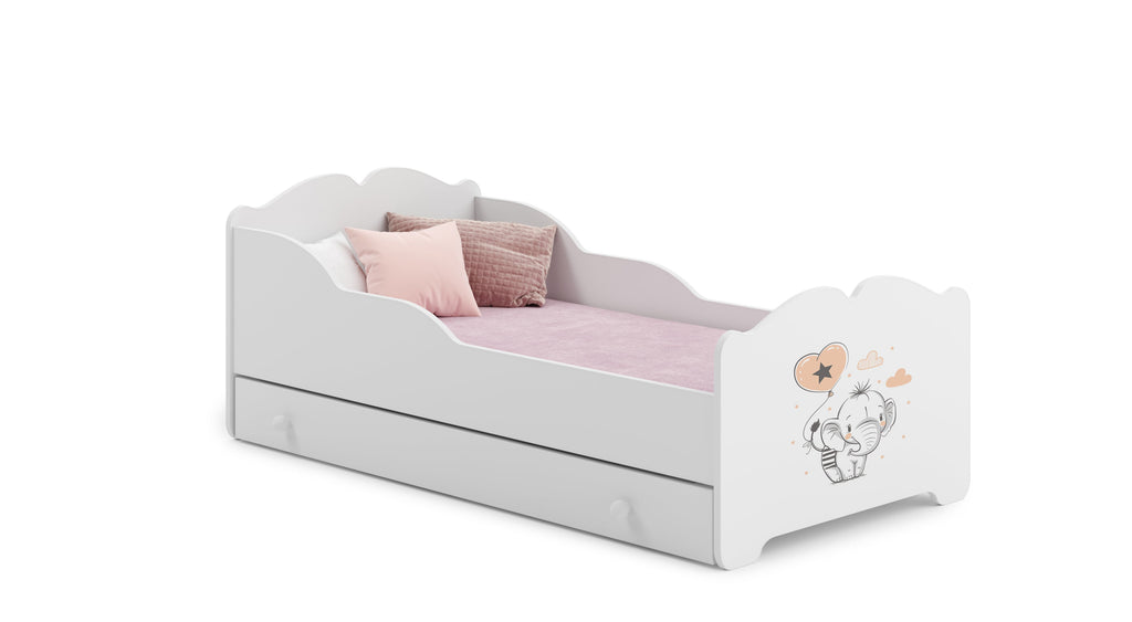 Kinderbed Anna 140x70 met kinderafbeeldingen en een lade, inclusief matras en onderstel