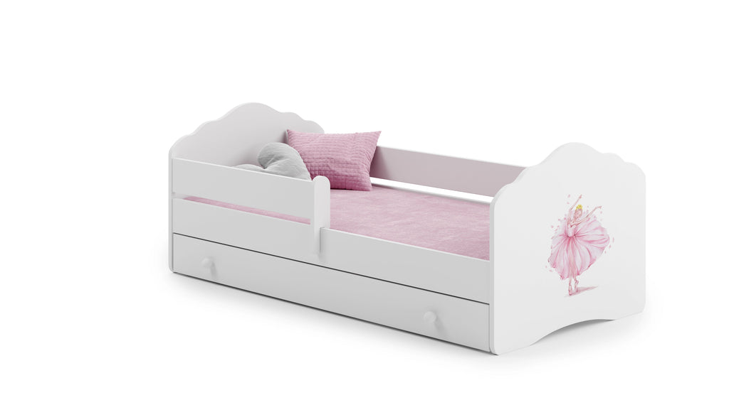 Kinderbed Fala 140x70 met afbeeldingen voor kinderen en een lade, railing, matras en frame inbegrepen