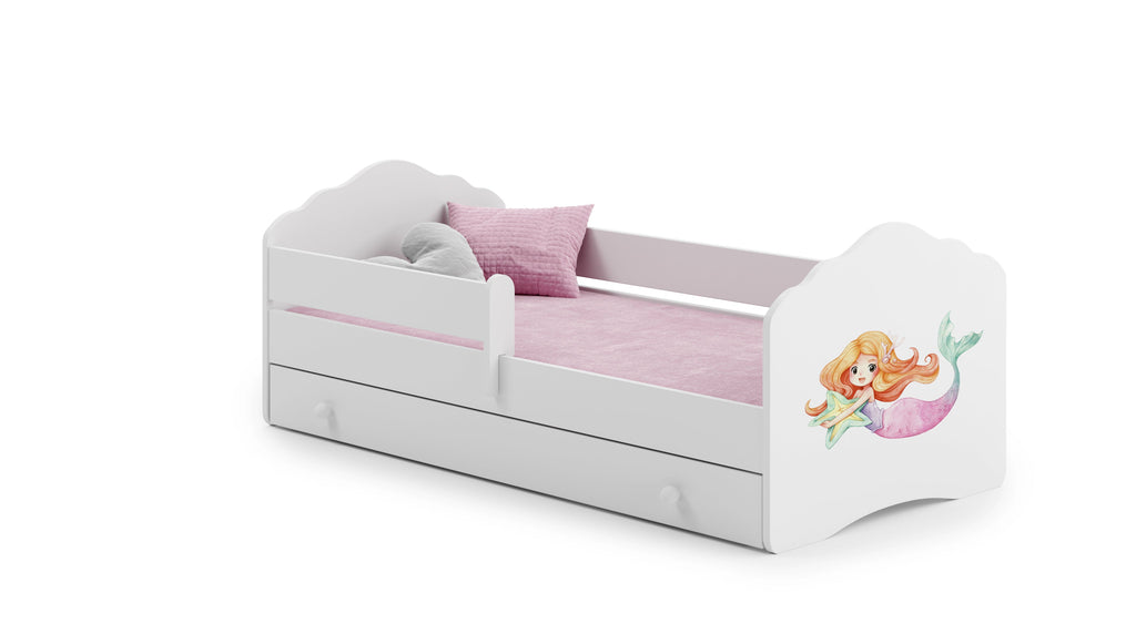 Kinderbed Fala 160x80 met grafische elementen voor kinderen en een lade, railing, matras en onderstel inbegrepen